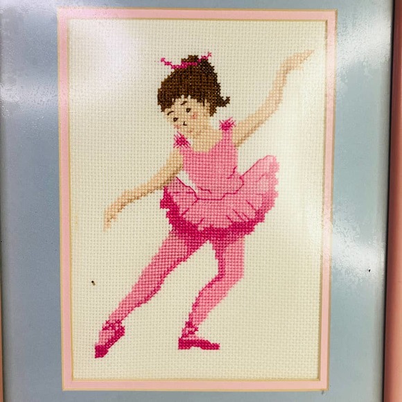 Framed Cross Stitch Pink Ballerina Dancer Tutu Nursery Bedroom 15 x 12 - Picture 2 of 6